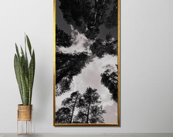 Monochrome Waldüberdachung Leinwand, Schwarz-Weiß-Naturkunst, ruhige Waldhimmel-Druck, minimalistische Baumkunst, fertig zum Aufhängen