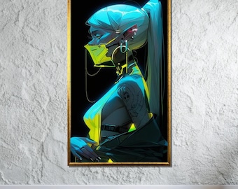 Cyberpunk Girl Neon Art, Futuristic Female Portrait, Sci-Fi Wall Art, Cyber Style Illustration, Ready To Hang Canvas