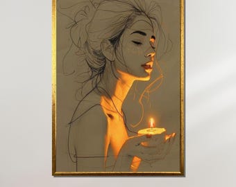 Donna con bagliore di candela, ritratto di arte lineare minimalista, tela artistica da parete astratta morbida, decorazione pronta da appendere