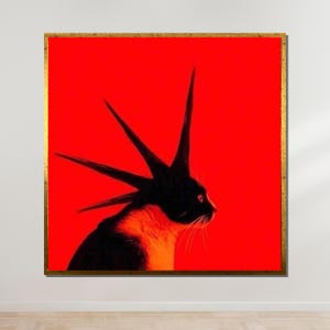 Punk Rock Cat Art, Edgy Animal Canvas, Red and Black Cat Poster, Bold Modern Wall Art, Ready to Hang Decor