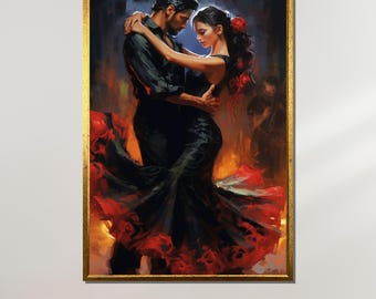 May include: A painting of a couple dancing the flamenco. The woman is wearing a black dress with a red trim and the man is wearing a black shirt and pants. The background is a dark, smoky color.