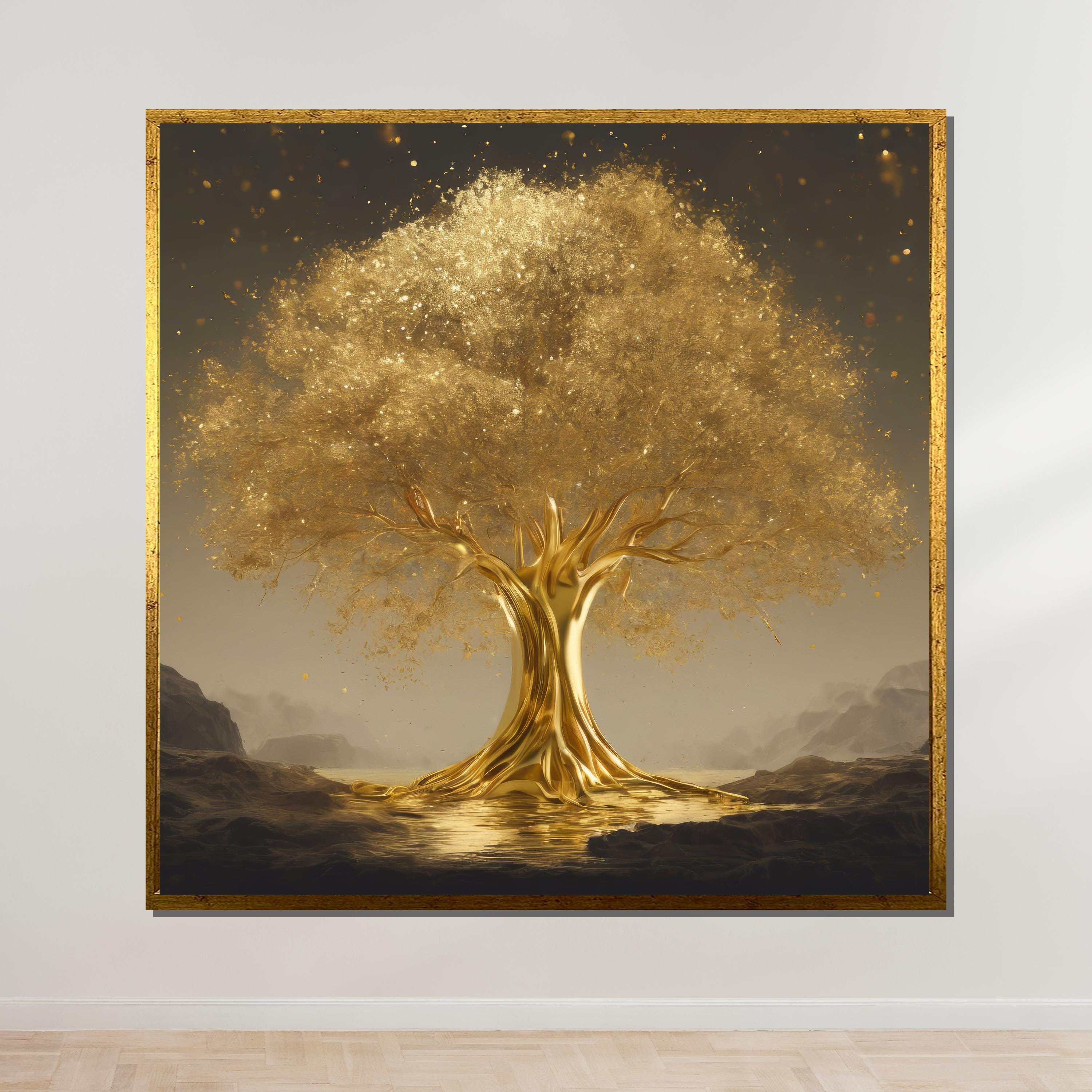 パワーオブライフ　絵画 ゴールド Golden Tree of Life Canvas, Luxury Tree Wall Art, Metallic Gold