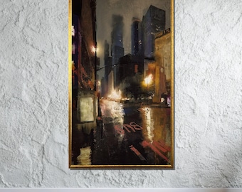 Moody Cityscape Canvas Art, Rainy Urban Night Scene, Abstract City Lights Painting, Modern Wall Art Canvas, Ready to Hang Urban Decor