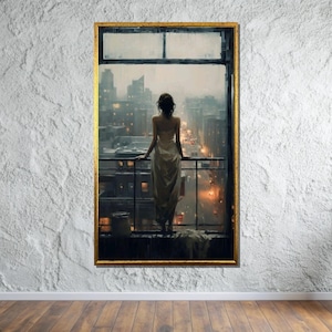City Dreamer Canvas, Woman at Window Artwork, Rainy Night Cityscape Art, Urban Elegance Wall Decor, Ready to Hang Painting