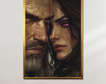 Lienzo de Witcher y Yennefer, impresión artística de Witcher, arte de pared de pareja de fantasía oscura, arte de fan de Witcher, decoración lista para colgar