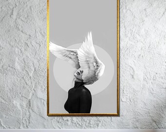 Angelic Winged Portrait Canvas, Surreal Black and White Art, Modern Wall Décor