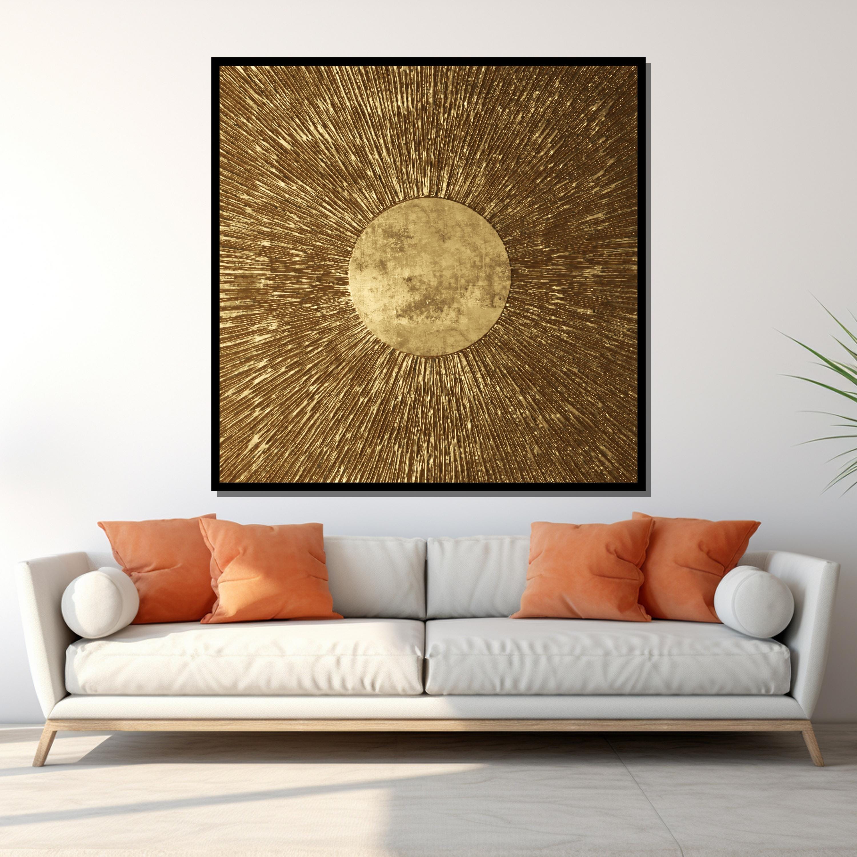 Golden Sunburst Art, Metallic Abstract Sun, Radiant Gold Wall Art