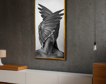 Abstract Angel Wings Canvas, Black and White Surreal Wall Art, Modern Figure Art Print, Ethereal Home Decor, Ready to Hang Canvas