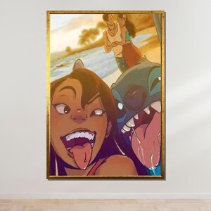 Selfie en la playa de Lilo y Stitch, póster animado de amigos, arte de pared con dibujos animados lindos, impresión artística divertida, decoración de pared, lienzo listo para colgar
