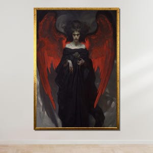 Dark Angel Gothic Art, Red Winged Fallen Angel Print, Mysterious Fantasy Woman, Dramatic Gothic Wall Decor, Dark Aesthetic Painting