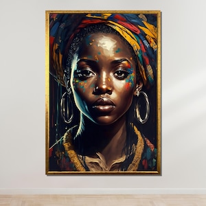Vibrant African Woman Portrait, Afrocentric Wall Art, Colorful African Headwrap Painting, Ethnic Beauty Canvas, Bold African Art Decor
