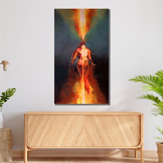 火の女神アート、燃える女性の絵画、力を与える抽象的な壁アート、すぐ