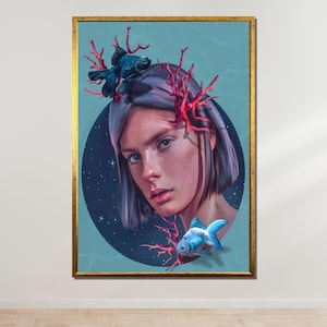 Surrealistyczna sztuka bogini oceanu, wydruk portretu fantasy, eteryczny koralowy nakrycie głowy na płótnie, marzycielska estetyka podwodna, mistyczna sztuka inspirowana morzem