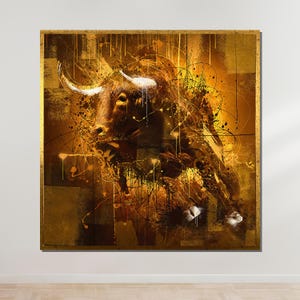 Abstract Bull Canvas, Golden Bull Art, Modern Bull Painting, Animal Wall Art, Ready to Hang