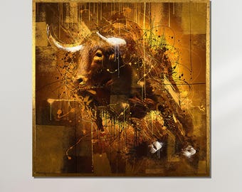 Abstrakt tjurcanvas, gyllene tjurkonst, modern tjurmålning, djurväggkonst, redo att hängas