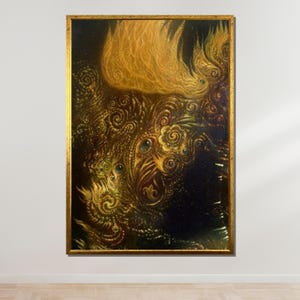 Golden Phoenix Abstract Art, Fiery Mythical Bird Canvas, Surreal Wall Decor, Ready to Hang