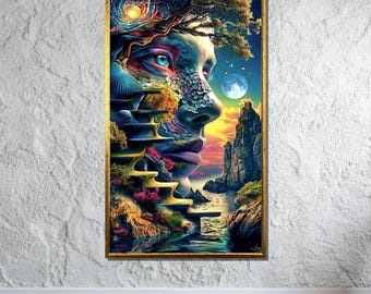 May include: A surreal digital painting of a woman's face with a landscape inside. The woman's face is made up of trees, mountains, and water. The background is a sunset sky with a full moon.