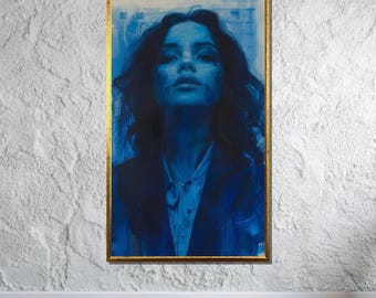 Op de afbeelding: Een schilderij van een vrouw met lang donker haar, die een blauwe jas draagt. Het gezicht van de vrouw is geschilderd in tinten blauw, met een zachte, dromerige uitdrukking.