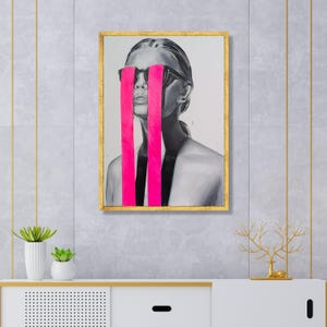 Modern Abstract Portrait Canvas Wall Art, Black Gray Female Figure, Neon Pink Stripes, Contemporary Home Decoration, Statement Wall Art image 2