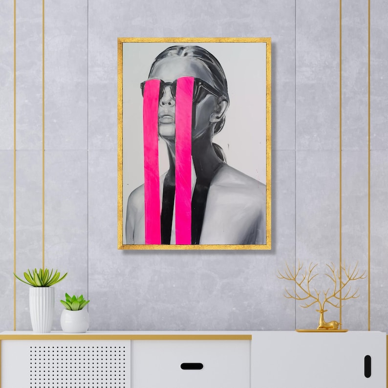 Modern Abstract Portrait Canvas Wall Art, Black Gray Female Figure, Neon Pink Stripes, Contemporary Home Decoration, Statement Wall Art image 2