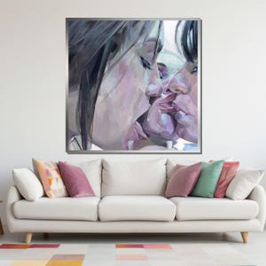 Romantic Lesbian Kiss Painting, Sensual Abstract Love Art, Intimate LGBTQ+ Couple Canvas, Expressive Modern Wall Decor image 4