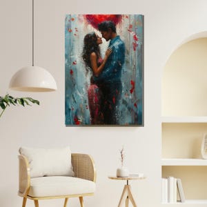 May include: A painting of a couple embracing under a red heart. The man is wearing a blue shirt and the woman is wearing a red dress. The background is a blue and white abstract design.