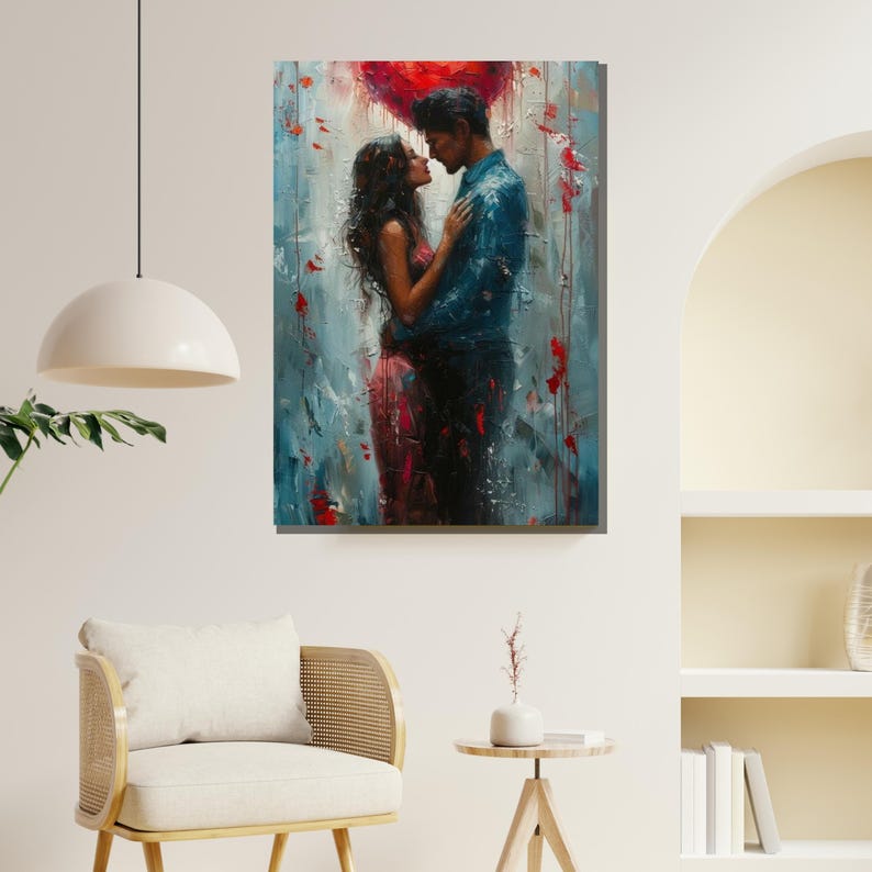 May include: A painting of a couple embracing under a red heart. The man is wearing a blue shirt and the woman is wearing a red dress. The background is a blue and white abstract design.