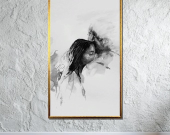 Romantic Couple Watercolor, Black and White Love Painting, Intimate Embrace Art, Minimalist Relationship Print, Emotional Wall Decor