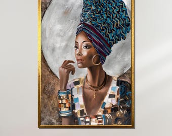 May include: A painting of a woman with dark skin wearing a blue and white patterned head wrap and a colorful patterned dress. She is wearing gold jewelry and has a thoughtful expression on her face.
