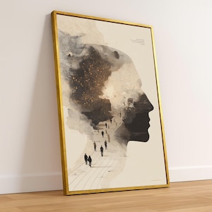 Könnte beinhalten: Gerahmter Kunstdruck mit einem Profil einer Person, überlagert von einer abstrakten Landschaft in Schwarz, Weiß und Gold. Ein Weg mit Silhouetten ist sichtbar. Der Rahmen ist goldfarben.