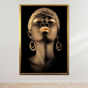Golden African Goddess Canvas, Black and Gold Wall Art, African Beauty Decor, Ready to Hang