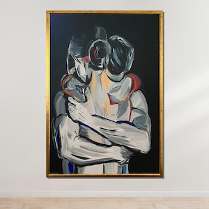 抽象的な抱擁アート、ロマンチックなカップルのキャンバス、モダンな愛の壁アート、情熱的な抱擁の絵画、親密な抽象的なアートワーク