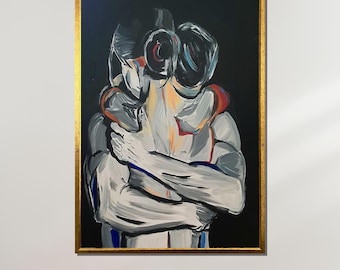 Abstract Embrace Art, Romantic Couple Canvas, Modern Love Wall Art, Passionate Hug Painting, Intimate Abstract Artwork