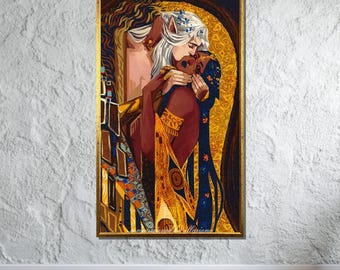 魅惑の恋人ファンタジーアート、エルフのキスキャンバス、神話ロマンスウォールアート、クリムト風ファンタジー装飾、すぐに掛けられます
