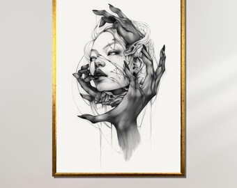 以下が含まれることがあります： 女性が手を伸ばしている様子を描いた白黒の鉛筆画。女性の顔は、リアルなタッチで描かれた手で一部隠されています。