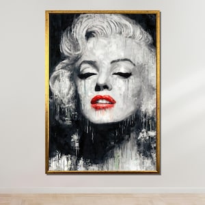 Marilyn Monroe Pop Art Canvas, Iconic Hollywood Glamour, Red Lips Portrait, Black and White Wall Art, Ready to Hang