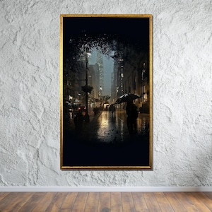 Rainy Night Cityscape, Urban Street Scene, Dark City Wall Art, Nighttime Photography, Ready to Hang Canvas