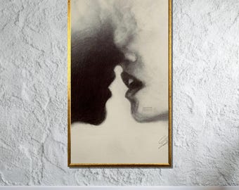 Intimate Shadow Kiss Art, Sensual Black and White Drawing, Romantic Couple Illustration, Minimalist Wall Decor, Ready to Hang