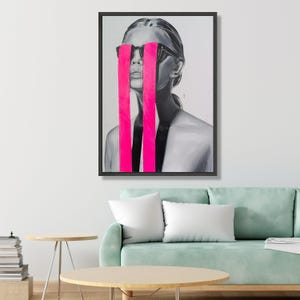 Modern Abstract Portrait Canvas Wall Art, Black Gray Female Figure, Neon Pink Stripes, Contemporary Home Decoration, Statement Wall Art image 3