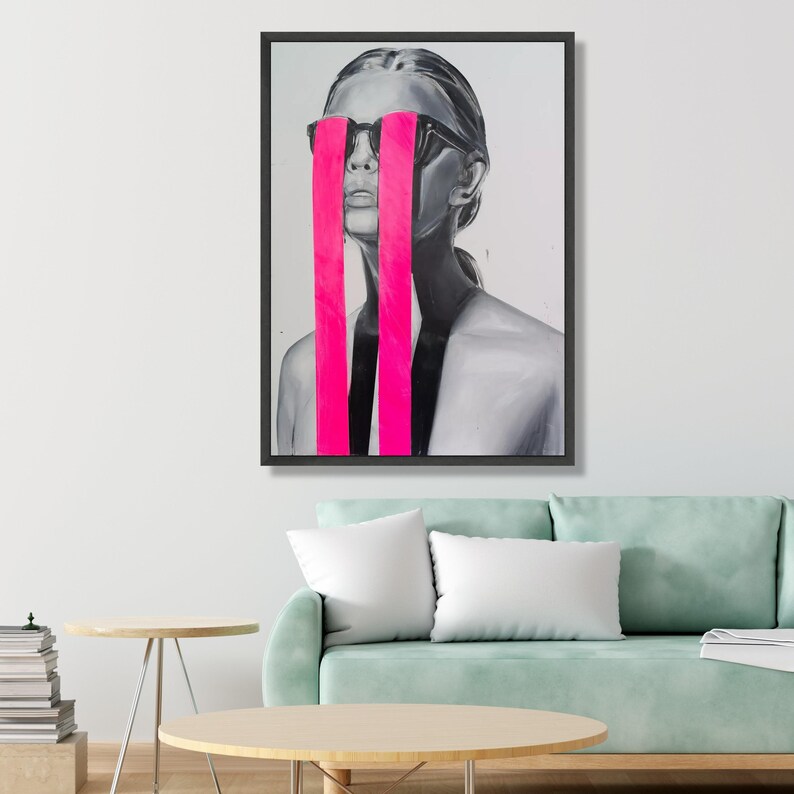 Modern Abstract Portrait Canvas Wall Art, Black Gray Female Figure, Neon Pink Stripes, Contemporary Home Decoration, Statement Wall Art image 3