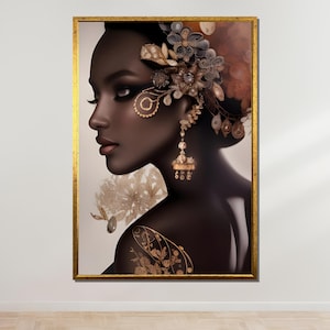 Elegant African Woman with Golden Ornaments Canvas, Luxury Wall Art, Gold Embellished Portrait, Ready to Hang