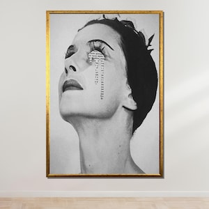 Portrait surréaliste en noir et blanc, art abstrait du collage de femme, impression visage avant-gardiste, décoration murale conceptuelle moderne, expression émotionnelle