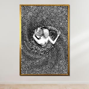 永遠の抱擁の白黒アート、ロマンチックなカップルのダンスプリント、花柄のウォールアート、愛のイラスト、すぐに掛けられるキャンバス