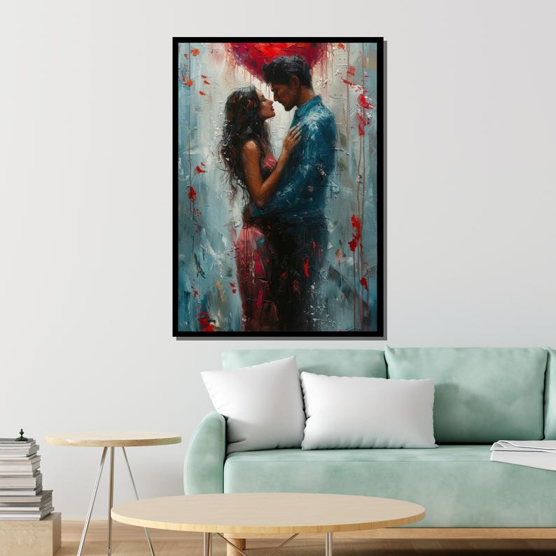 Romantic Abstract Couple Art, Passionate Love Wall Print, Emotional Expressionist Canvas, Intimate Lovers Painting, Modern Love Decor image 3