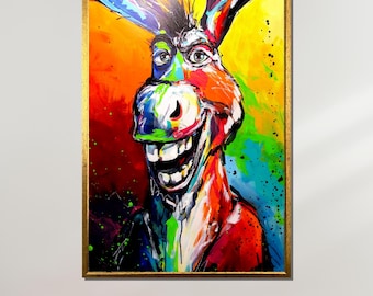 Colorful Donkey Canvas, Fun Animal Art, Whimsical Donkey Painting, Bright Wall Decor, Ready to Hang