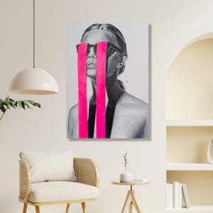 Modern Abstract Portrait Canvas Wall Art, Black Gray Female Figure, Neon Pink Stripes, Contemporary Home Decoration, Statement Wall Art image 6