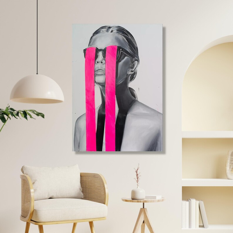 Modern Abstract Portrait Canvas Wall Art, Black Gray Female Figure, Neon Pink Stripes, Contemporary Home Decoration, Statement Wall Art image 6