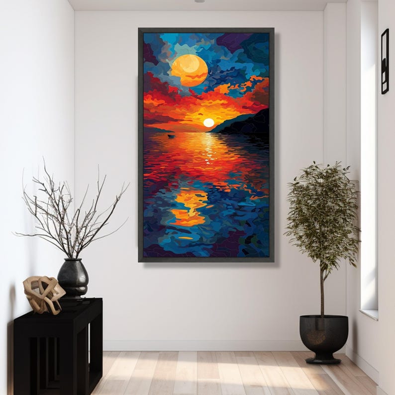 Vibrant Sunset Over Water Canvas, Colorful Abstract Seascape Wall Art ...