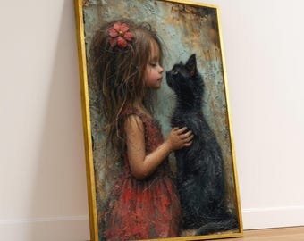 Lienzo decorativo de pared "Dulce Inocencia", pintura de niña con gato negro, amor entre niños y mascotas, decoración vintage para el hogar.