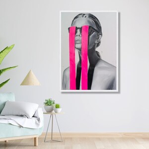Modern Abstract Portrait Canvas Wall Art, Black Gray Female Figure, Neon Pink Stripes, Contemporary Home Decoration, Statement Wall Art image 5